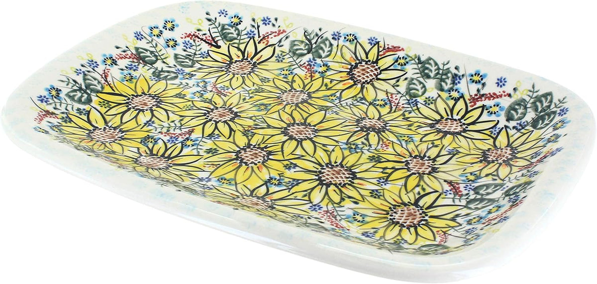 Blue Rose Polish Pottery Sunflower Maze Large Rectangular Serving Platter
