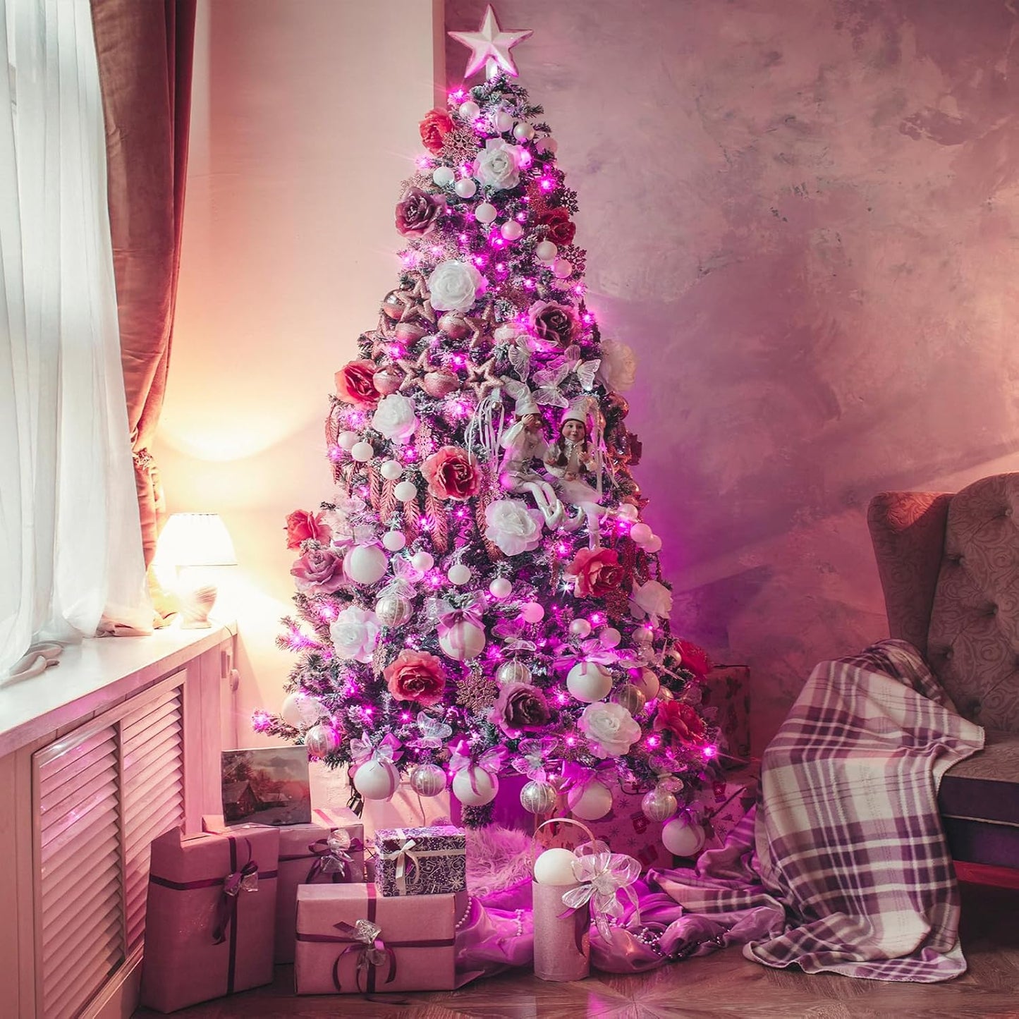 JMEXSUSS 33ft 100 LED Pink String Lights Battery Operated, Pink Fairy Twinkle Lights with 8 Modes