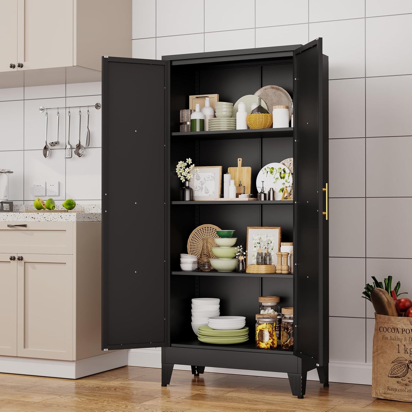 61" H Metal Kitchen Pantry Storage Cabinet, Freestanding Cupboard with 2 Doors and 3 Adjustable