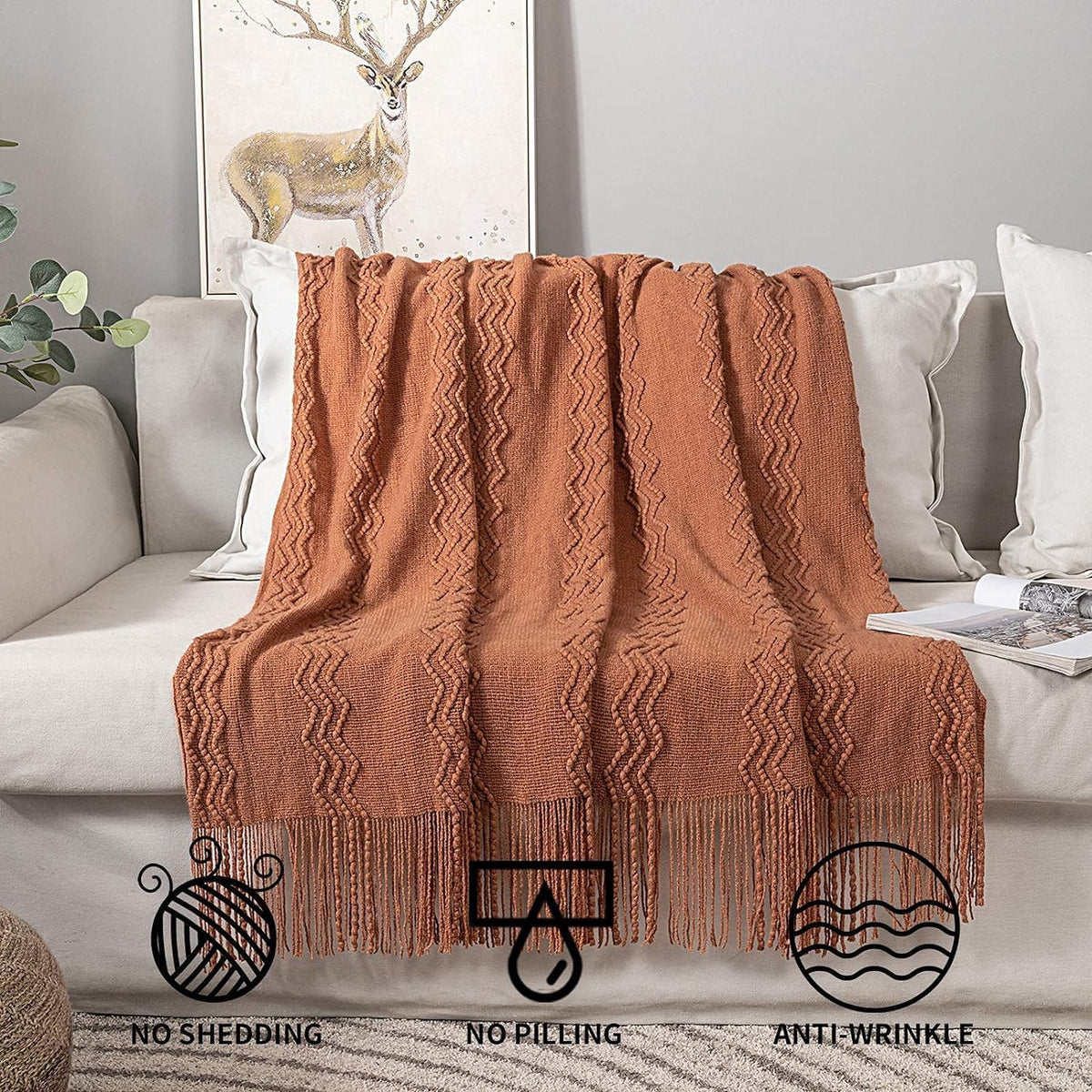 MIULEE Fall Orange Knitted Throw Blanket for Couch Boho Terracotta Rust Textured Cozy Woven Blanket