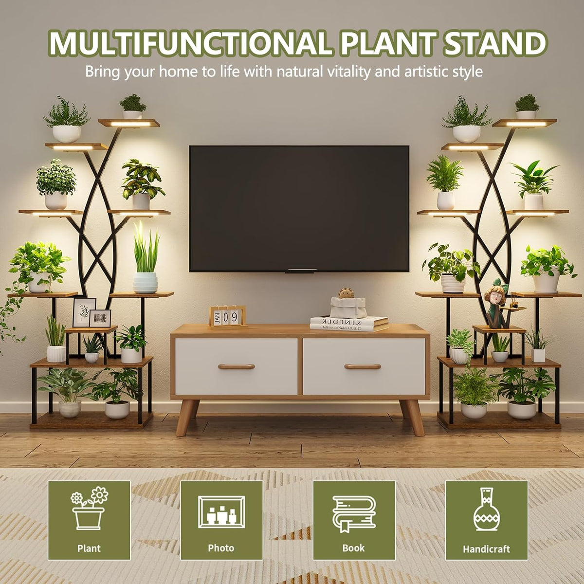 Plant Stand Indoor with Grow Lights - 9 Tiered 66" Tall Metal Plant Shelf, Curved Plant Stand with