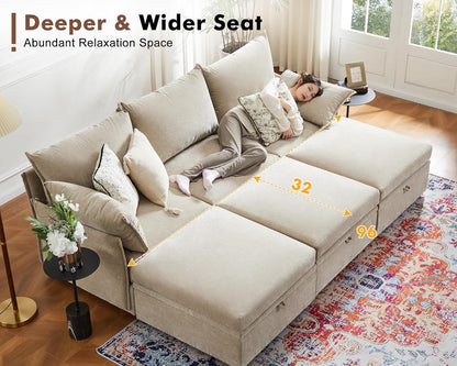 102.6" Modular Sectional Sofa, Oversized 3-Seater Couch with Removable Beige Chenille Fabric Cover