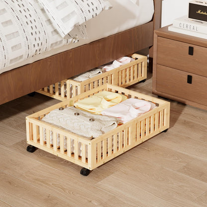 Bamboo Under Bed Storage with Wheels (2-Pack) – Rolling Underbed Shoe Organizer Box for Shoes