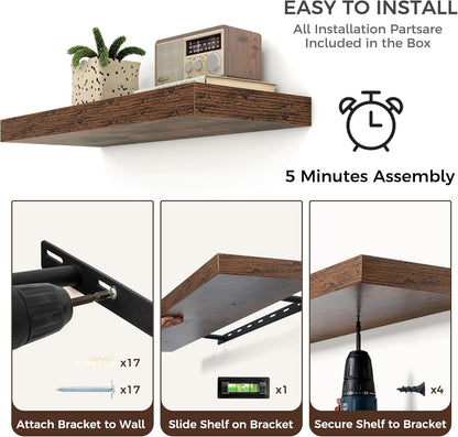 Floating Shelves for Wall, Large Wall Mounted Shelves with Invisible Brackets, Long Wood Floating