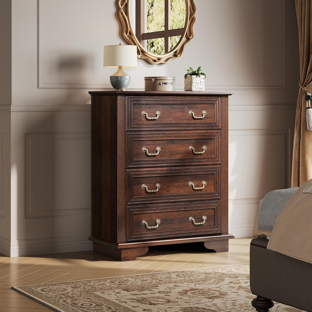 WLIVE Farmhouse Dresser for Bedroom, Tall Wood Dresser with 4 Drawers, Chest of Drawers with Roman
