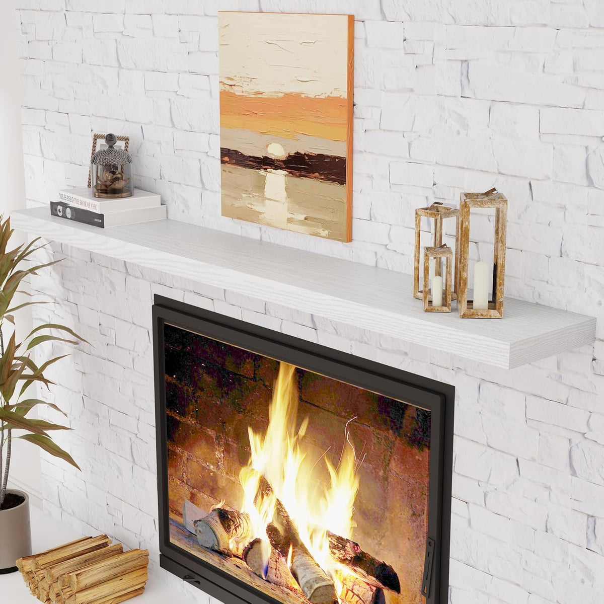 72 Inch Floating Shelves White, 72 x 9 Rustic Wooden Fireplace Mantel, 9 Inch Floating Shelf for