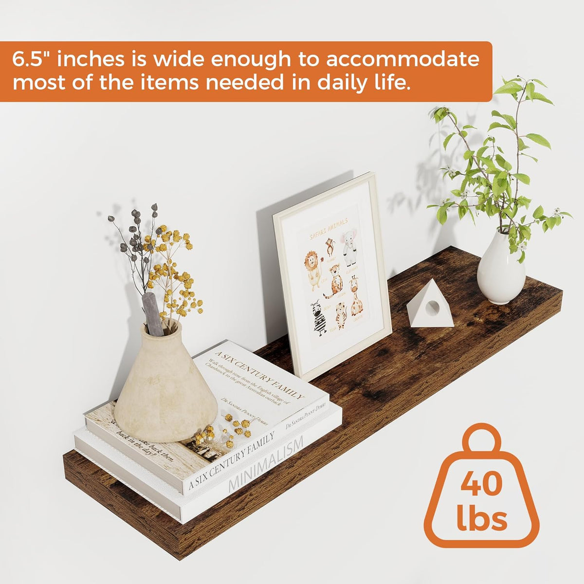 Fun Memories Floating Shelves for Wall, 24" Rustic Wood Deep Wall Mounted Shelves with Invisible