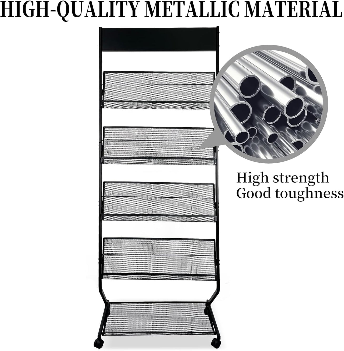 Tongmo Floor-Standing Magazine Rack 4-Layer with Wheels, Brochure Display Stand, High-hardness