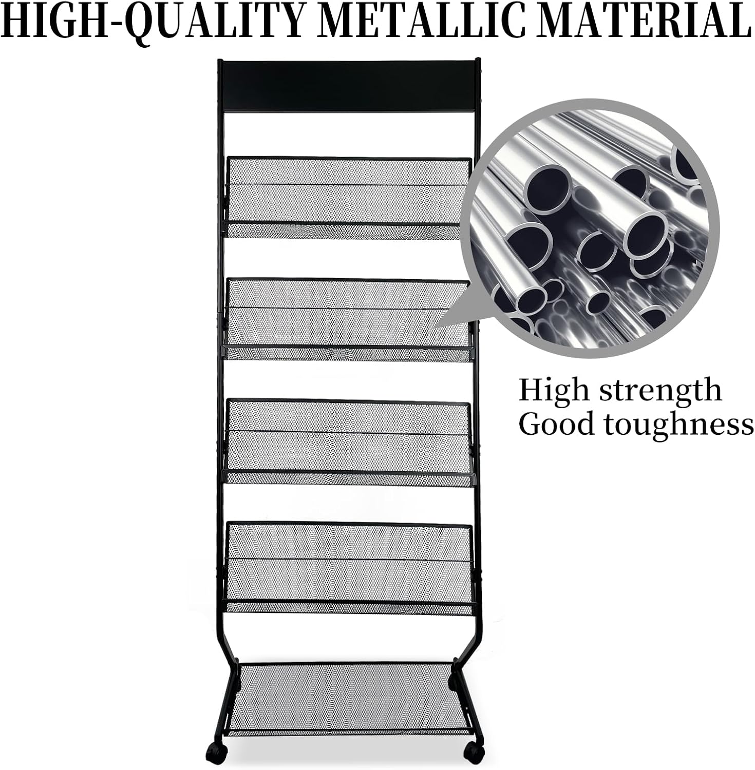 Tongmo Floor-Standing Magazine Rack 4-Layer with Wheels, Brochure Display Stand, High-hardness