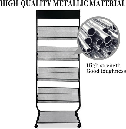 Tongmo Floor-Standing Magazine Rack 4-Layer with Wheels, Brochure Display Stand, High-hardness