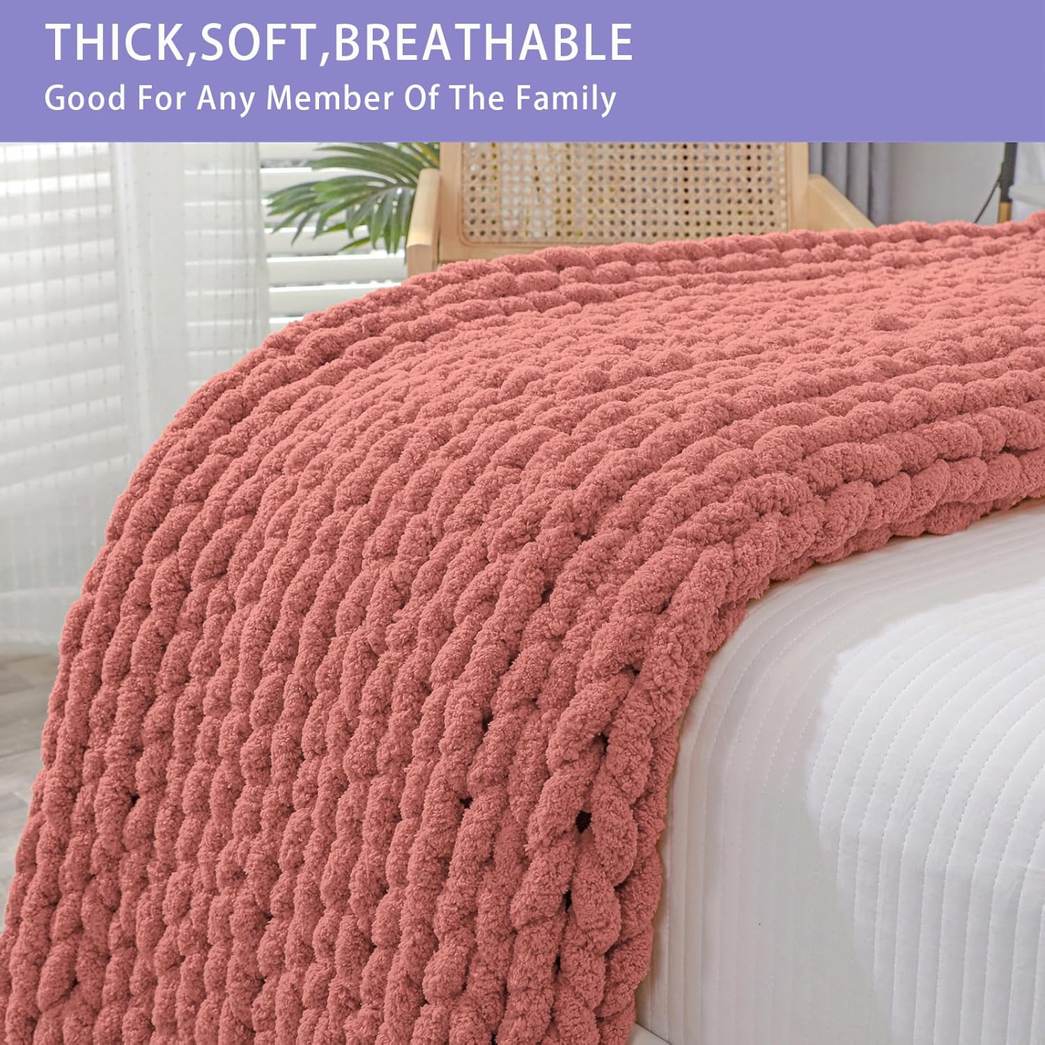 Bigacogo Chunky Knit Throw Blanket for Couch, 40x80 inches, 100% Hand Knitted with Thick Jumbo
