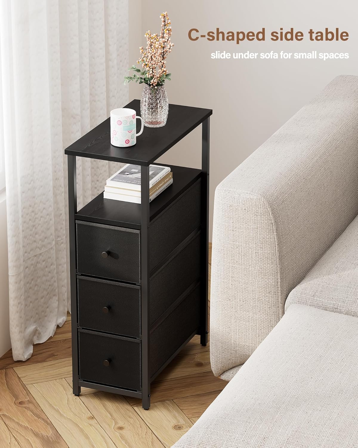 TUTOTAK Narrow Night Stand, Slim End Table, Tall Side Table with 3 Fabric Drawer, Small Bedside