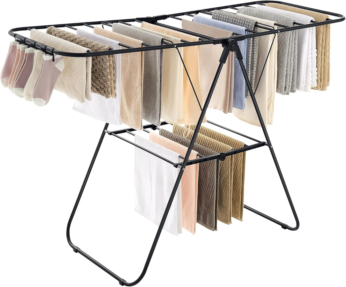 SONGMICS Clothes Drying Rack, with Sock Clips, Metal Laundry Rack, Foldable, Space-Saving