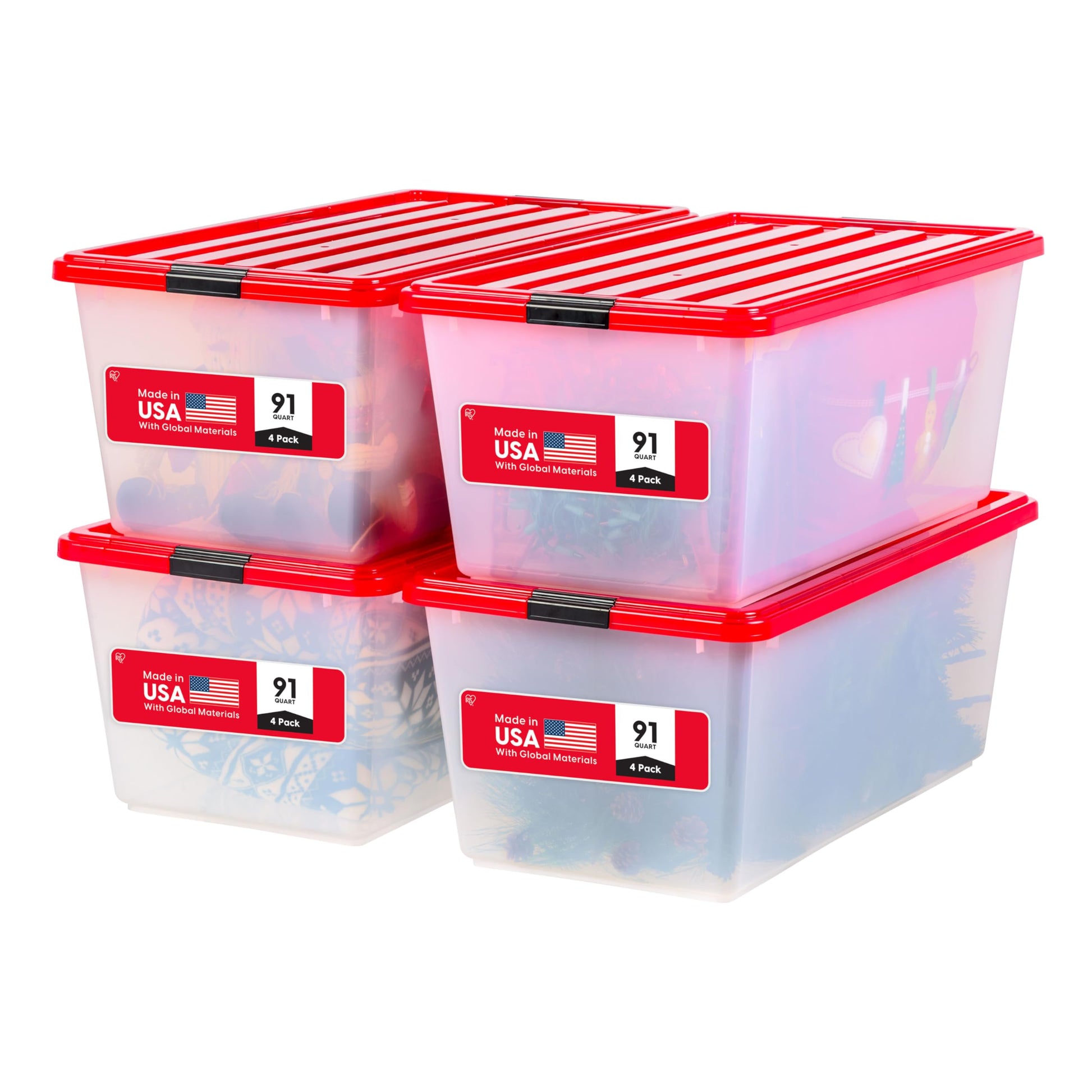 IRIS USA 4-Pack, 91 Qt. Holiday Storage Bin with Lids, Red