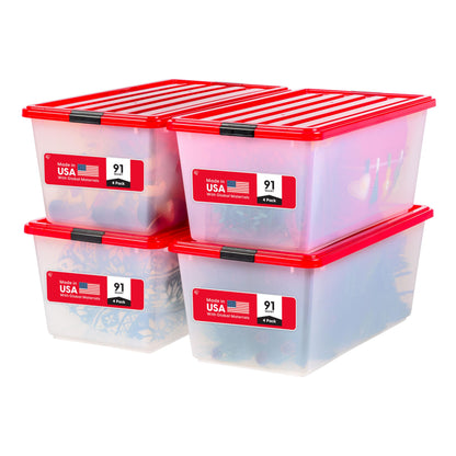 IRIS USA 4-Pack, 91 Qt. Holiday Storage Bin with Lids, Red