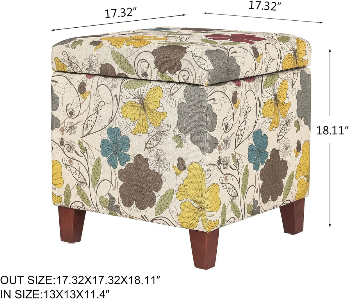 Adeco 18 Inch High Cube Ottoman Storage, Floral Printed Linen Chair Foot Stools, Upholstered Vanity