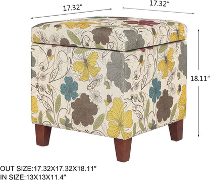 Adeco 18 Inch High Cube Ottoman Storage, Floral Printed Linen Chair Foot Stools, Upholstered Vanity