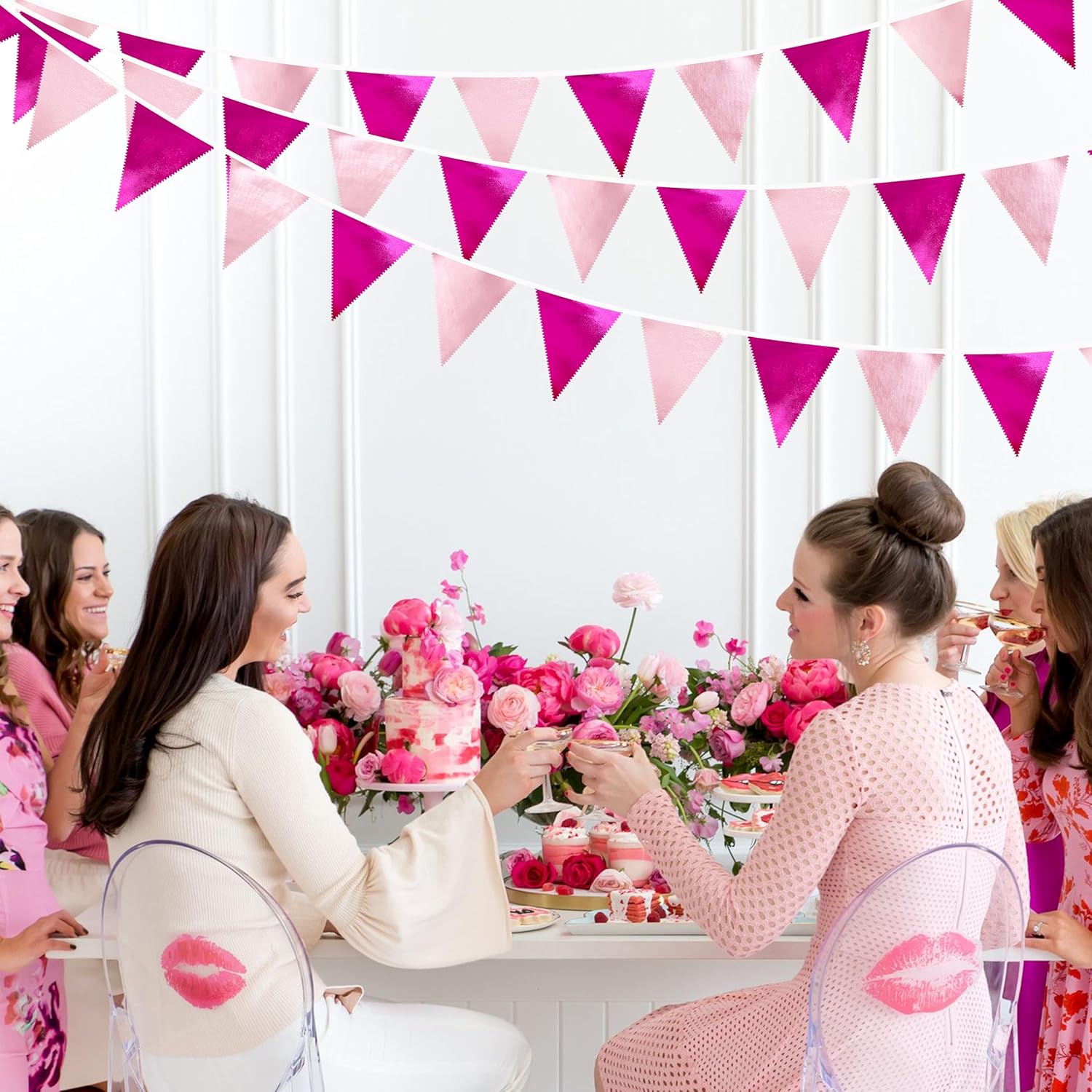 Hot Pink Party Decorations Metallic Fabric Gradient Pink Triangle Pennant Banner Flag Bunting