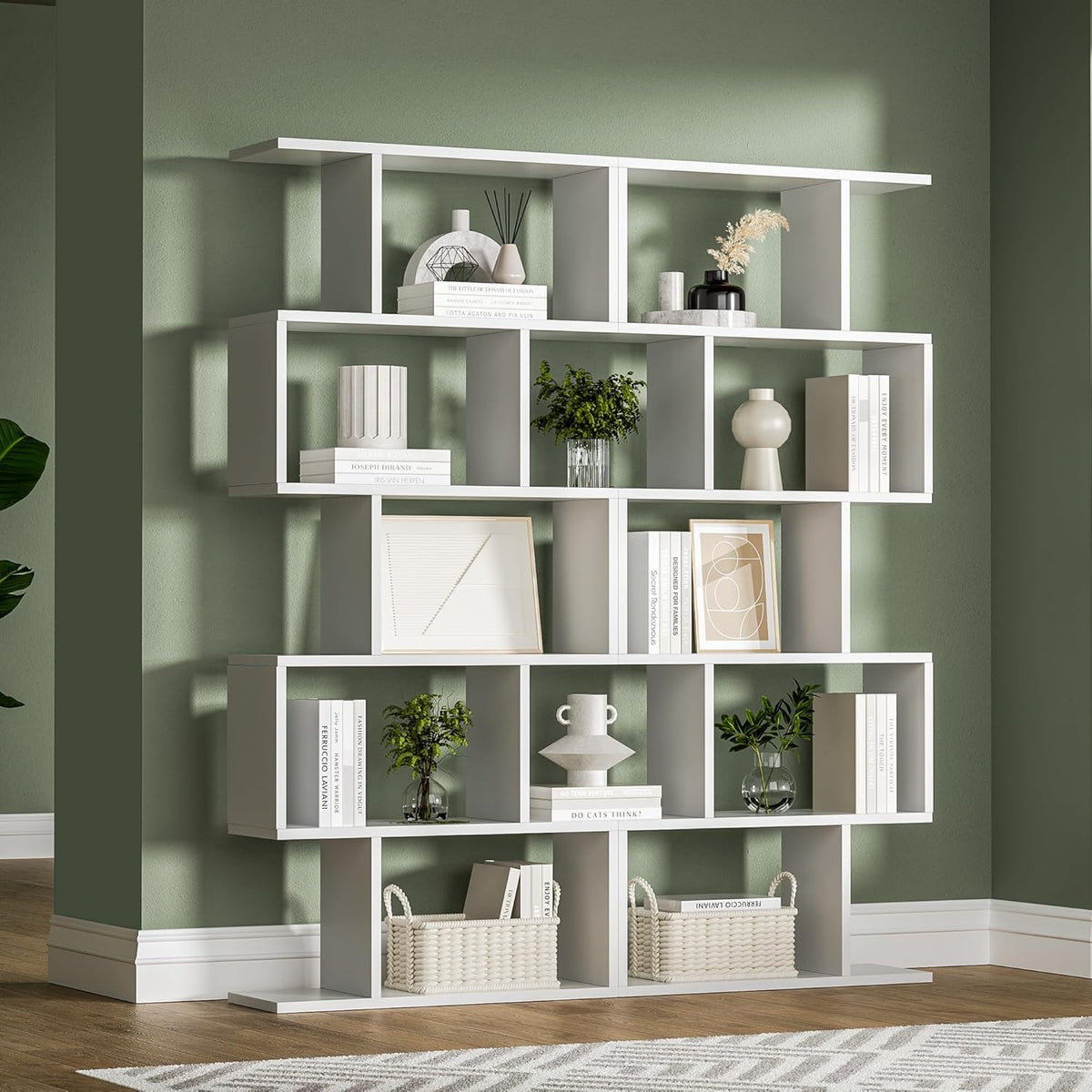 White 5-Tier Geometric Bookcase, S-Shaped Modern Bookshelf Set of 2, 62.6" Tall Room Divider Book