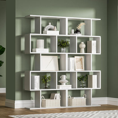 White 5-Tier Geometric Bookcase, S-Shaped Modern Bookshelf Set of 2, 62.6" Tall Room Divider Book