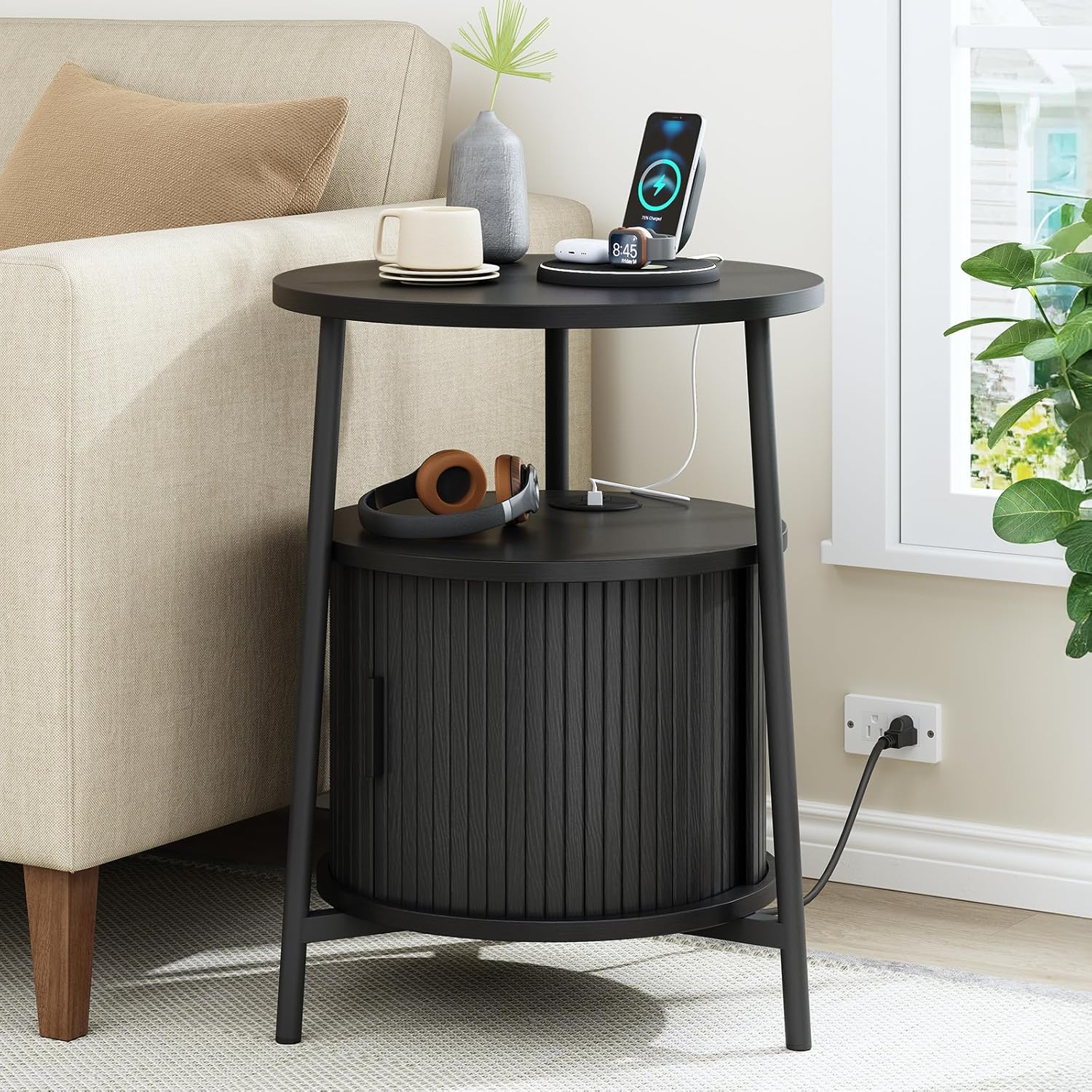 Round Side Table with Storage, Fluted Nightstand with Charging Station, Small Mid-Century Modern