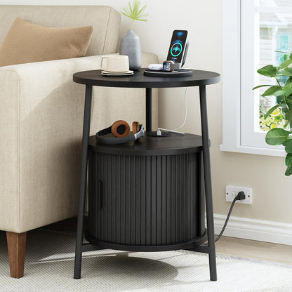 Round Side Table with Storage, Fluted Nightstand with Charging Station, Small Mid-Century Modern