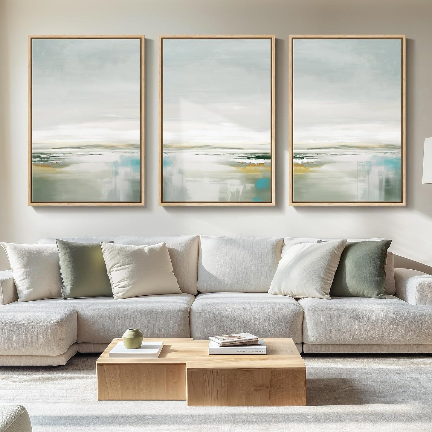 Large Framed Green Abstract Landscape Wall Art for Living Room, 3 Piece Canvas Prints Paintings