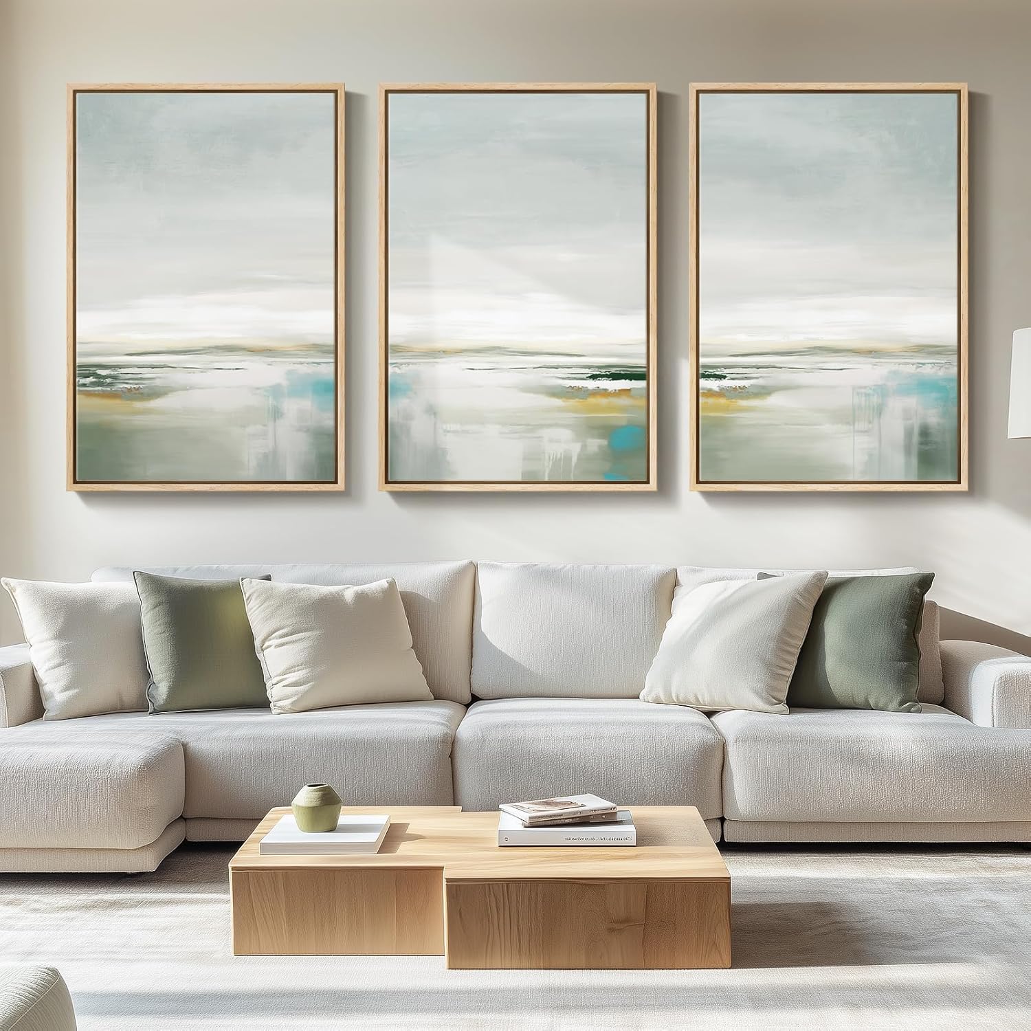 Large Framed Green Abstract Landscape Wall Art for Living Room, 3 Piece Canvas Prints Paintings