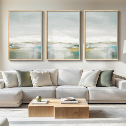 Large Framed Green Abstract Landscape Wall Art for Living Room, 3 Piece Canvas Prints Paintings