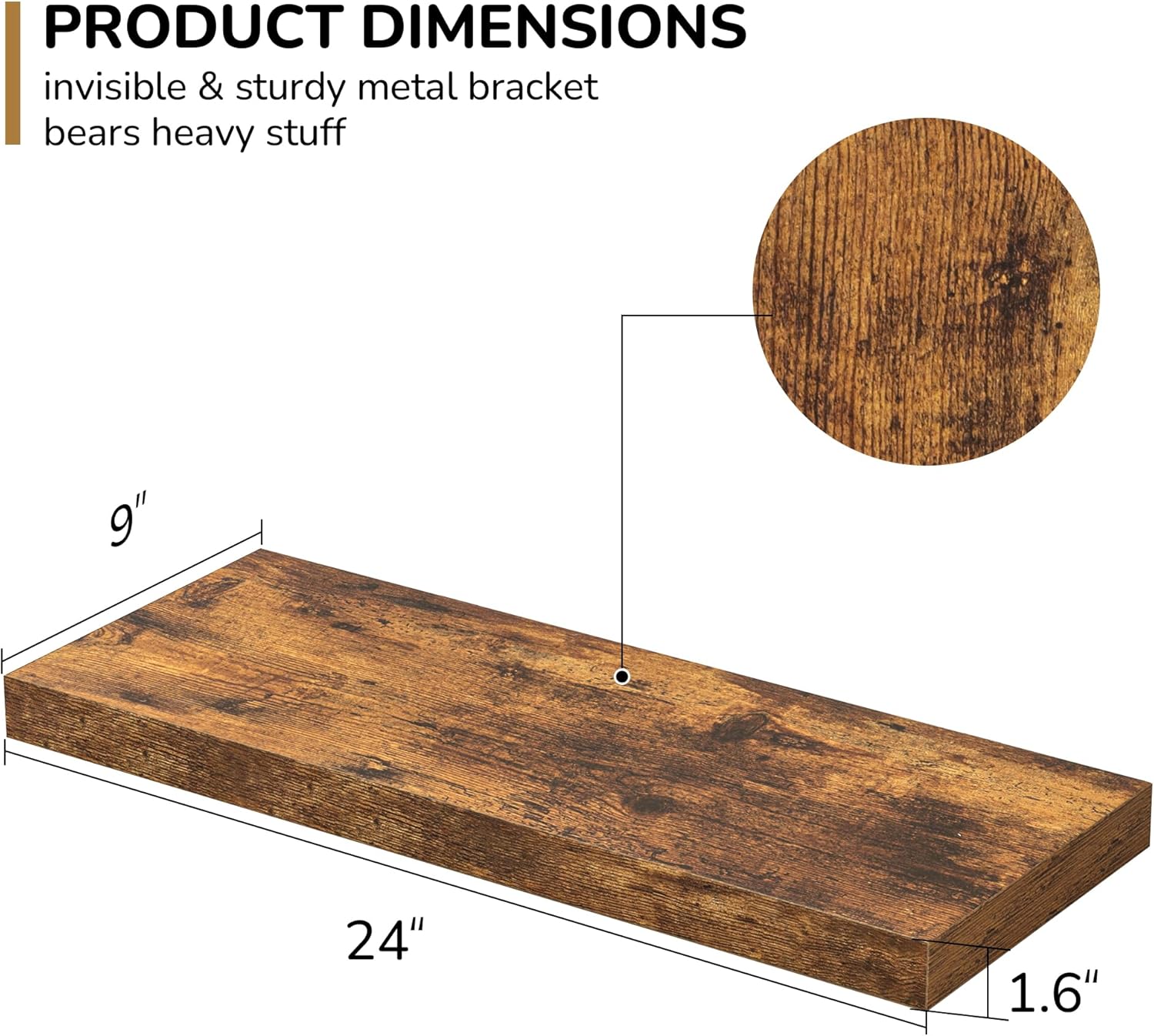 Floating Shelves - 2 Pack 9 Inch Rustic Wooden Wall Shelves - Extra Deeper & Thicker Wall Mounted