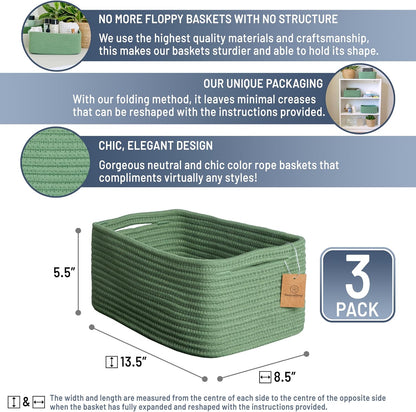 NaturalCozy 13.5”x8.5”x5.5” Rectangle Storage Baskets for Shelves 3 Pack | Cotton Rope Woven Small
