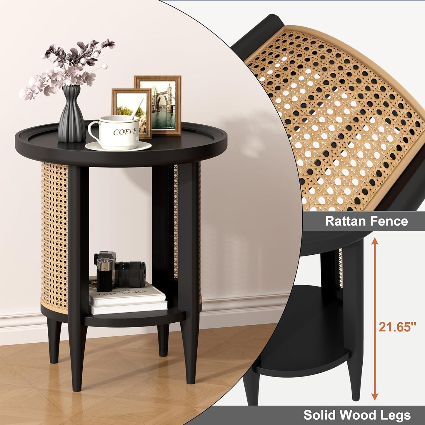 Yusong Round End Table Rattan Side Table with Solid Wood Legs, Boho Style Nightstand Bedside Table
