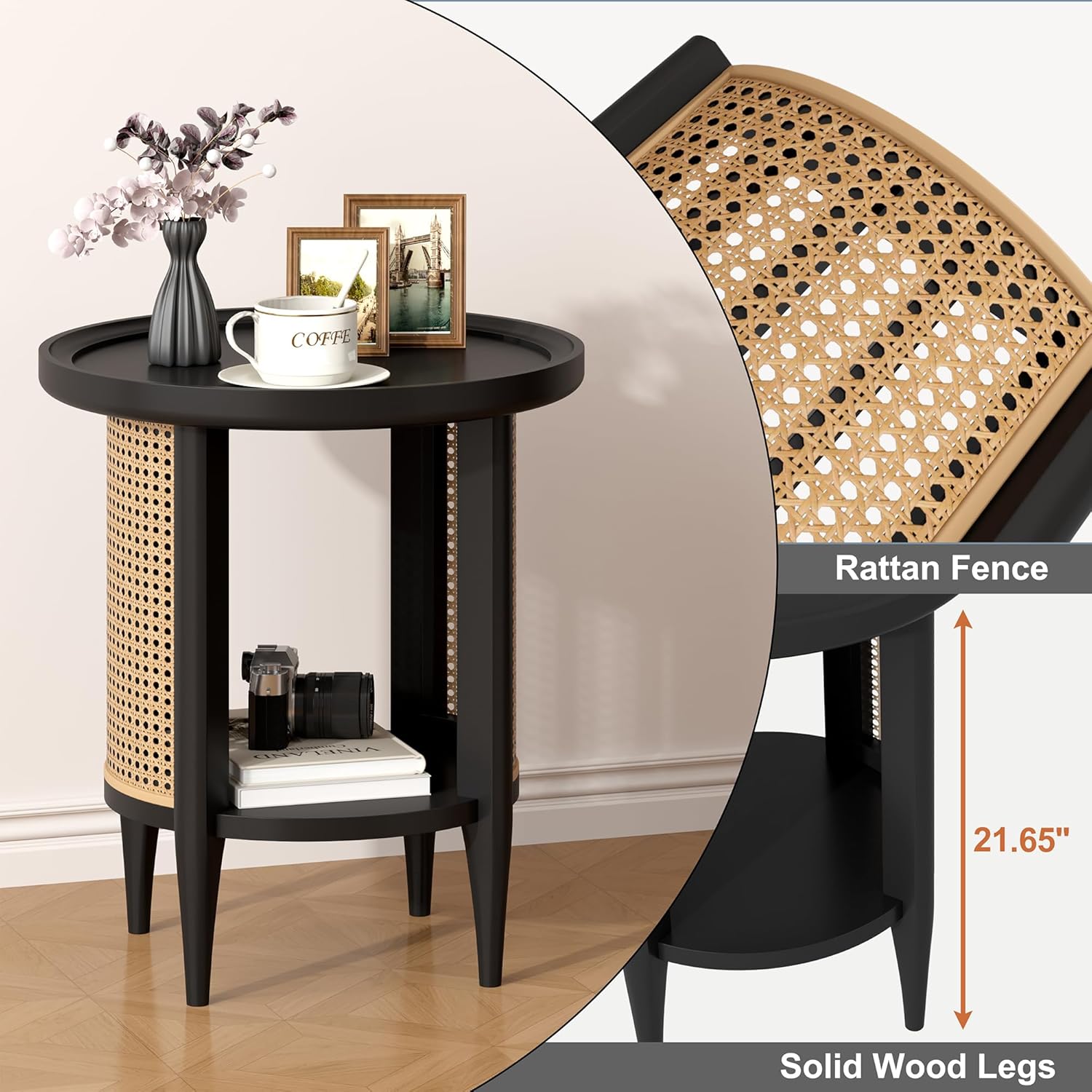 Yusong Round End Table Rattan Side Table with Solid Wood Legs, Boho Style Nightstand Bedside Table