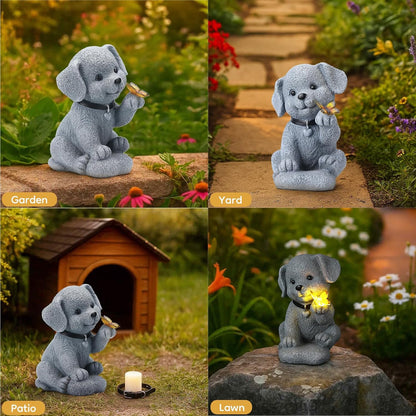Solar Puppy Dog Garden Decor - Cute Pet Memorial Statue, Auto On/Off LED Light, Weatherproof Resin