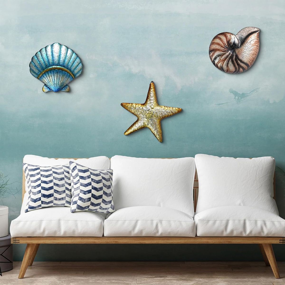 Weibefee 3 Pcs Metal Beach Wall Decor Sea Star Shell Conch Metal Decor Ocean Theme Marine Coastal