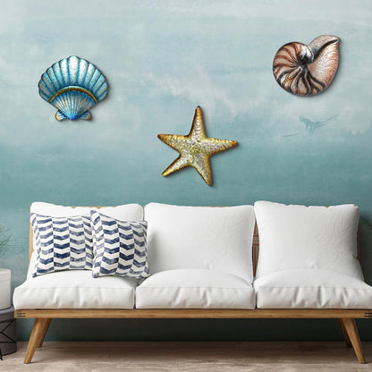 Weibefee 3 Pcs Metal Beach Wall Decor Sea Star Shell Conch Metal Decor Ocean Theme Marine Coastal