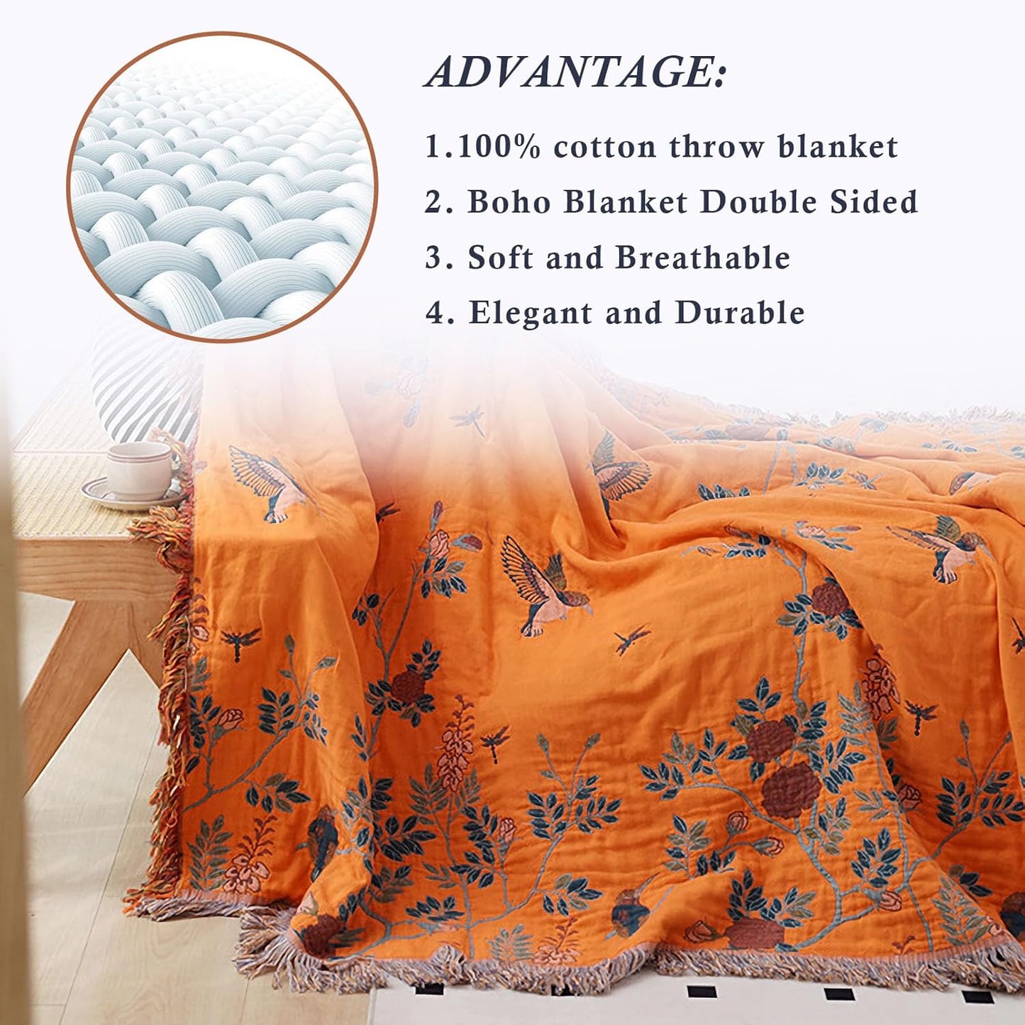 Snycler Boho Throw Blanket for Bed, 100% Organic Cotton Muslin Soft Throw-Floral Bird Farmhouse