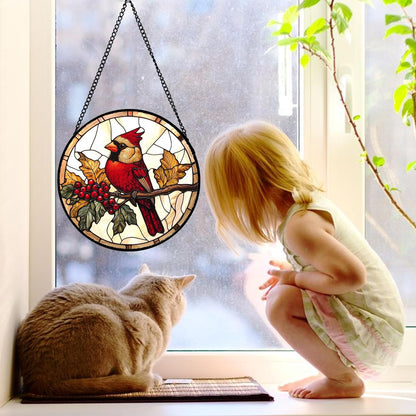 Stained Glass Window Hanging, Birds on a Branch Cardinal Sun Catchers Diamond Glass Panel Hangings