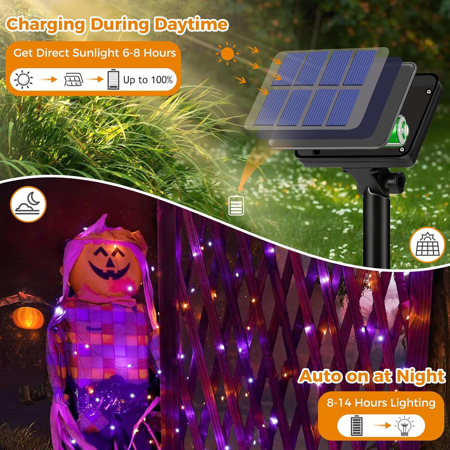 btfarm 4 Pack Solar Halloween String Lights Outdoor, 320LED 132FT Orange Purple Solar Fairy Lights