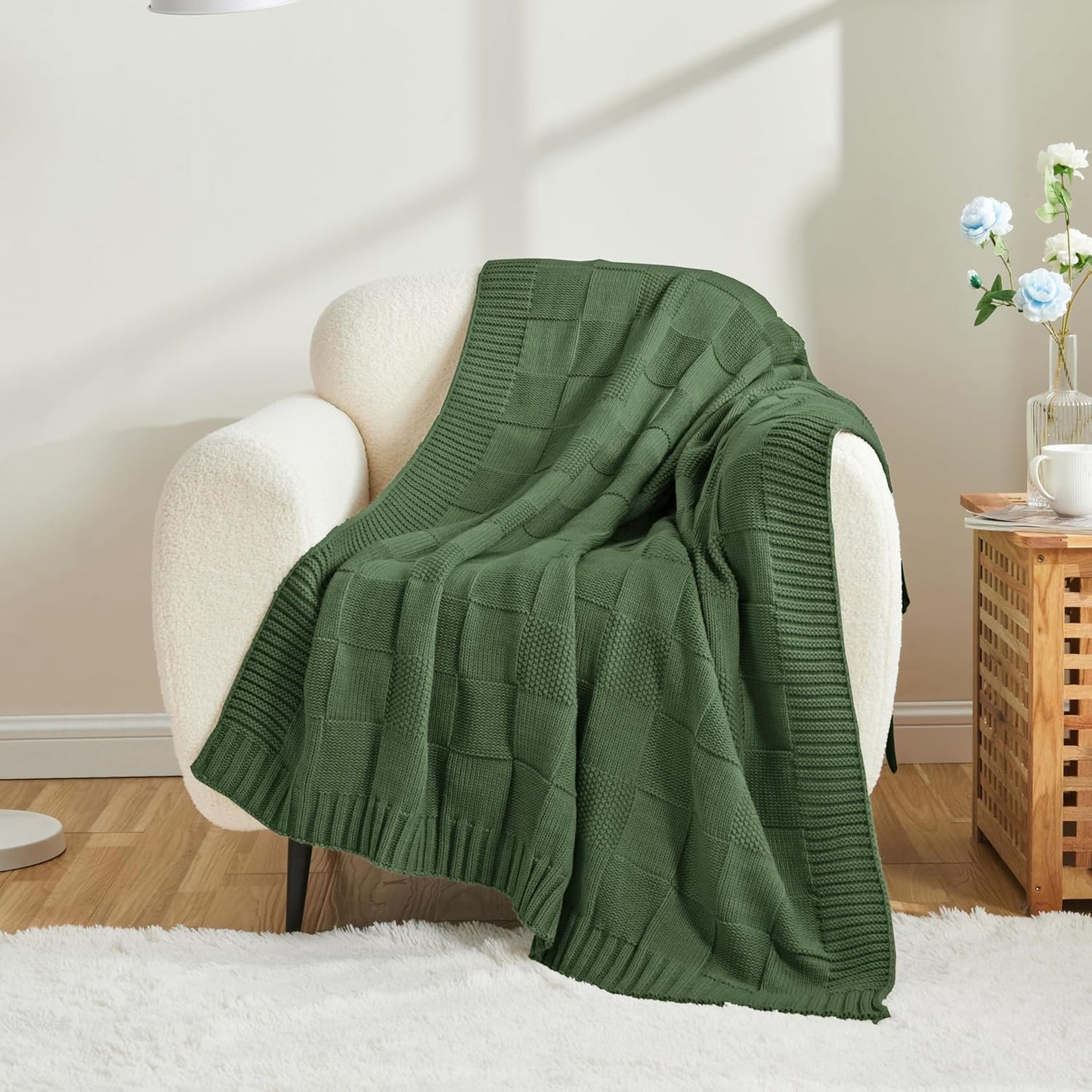CozeCube Knit Throw Blanket,Christmas Green Checkered Bedroom Blanket for Couch,Soft Cozy Warm