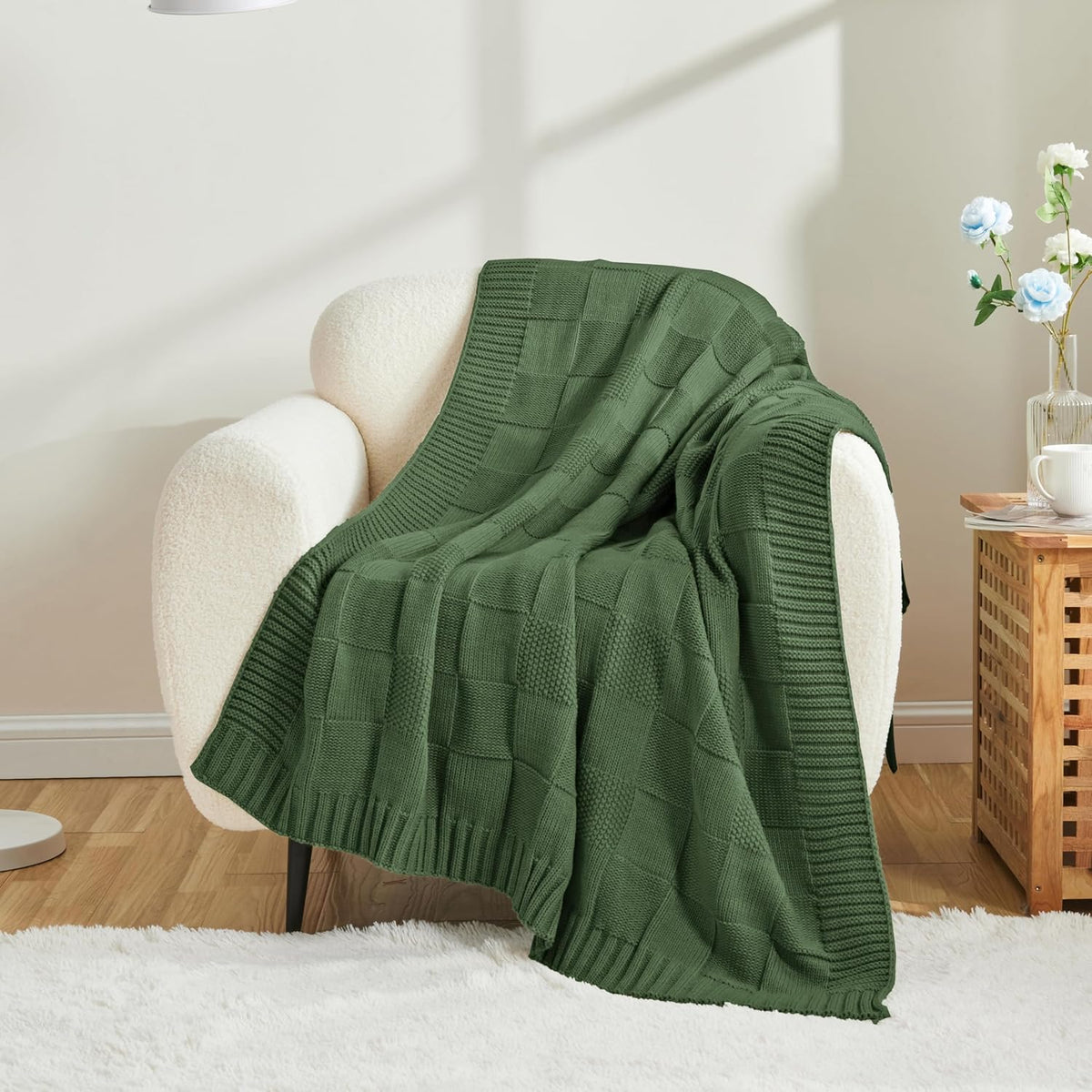 CozeCube Knit Throw Blanket,Christmas Green Checkered Bedroom Blanket for Couch,Soft Cozy Warm