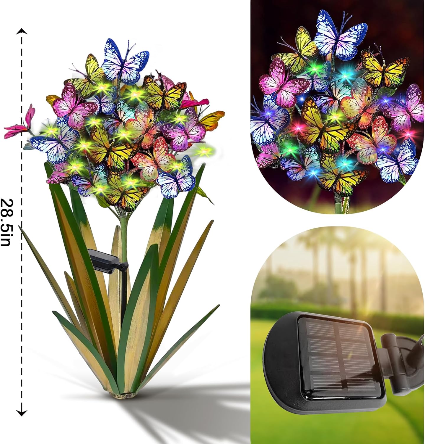 Solar Metal Agave Butterfly Flower Stick Garden Sculpture - Outdoor Christmas Lights With Swaying