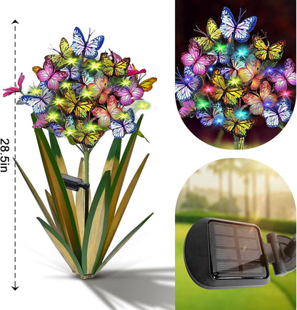 Solar Metal Agave Butterfly Flower Stick Garden Sculpture - Outdoor Christmas Lights With Swaying