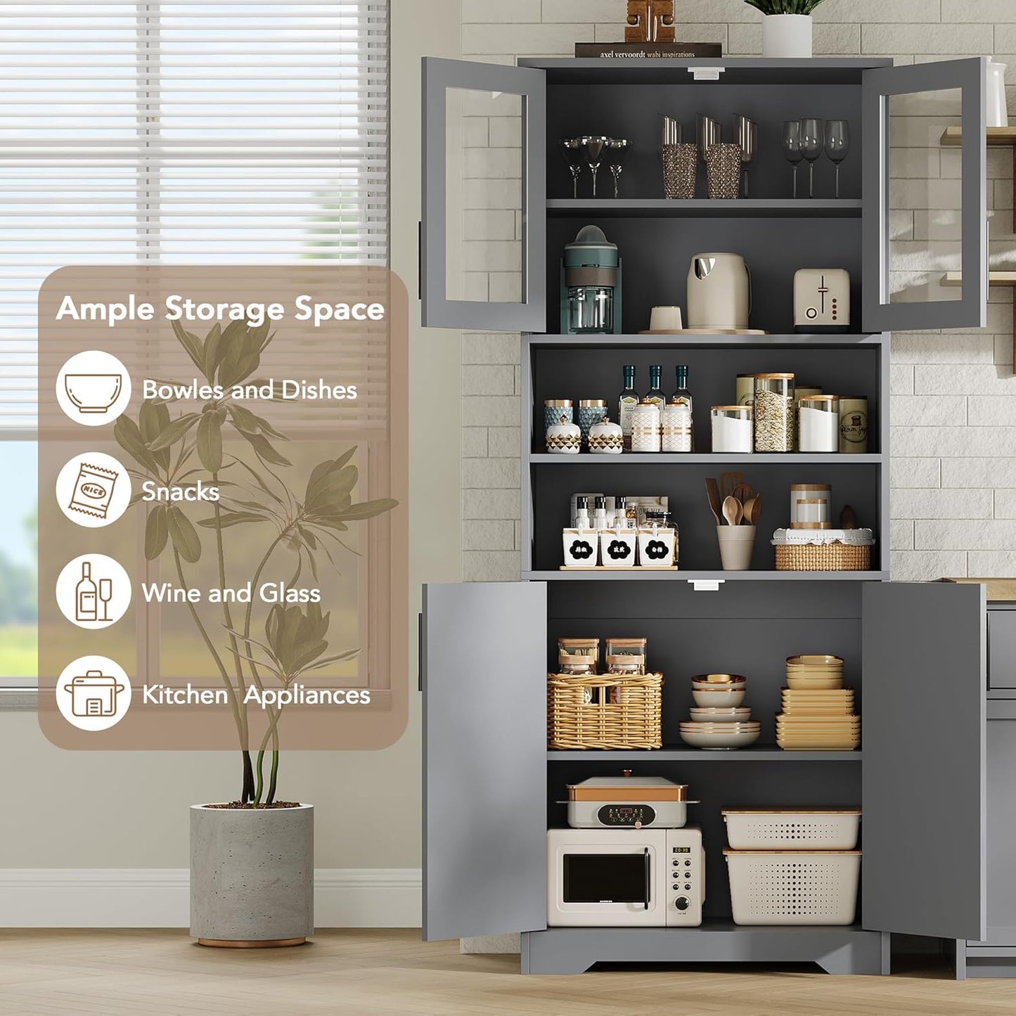 GarveeHome 67" Tall Storage Cabinet, Tall Bathroom Cabinet with Glass Doors and Adjustable Shelves