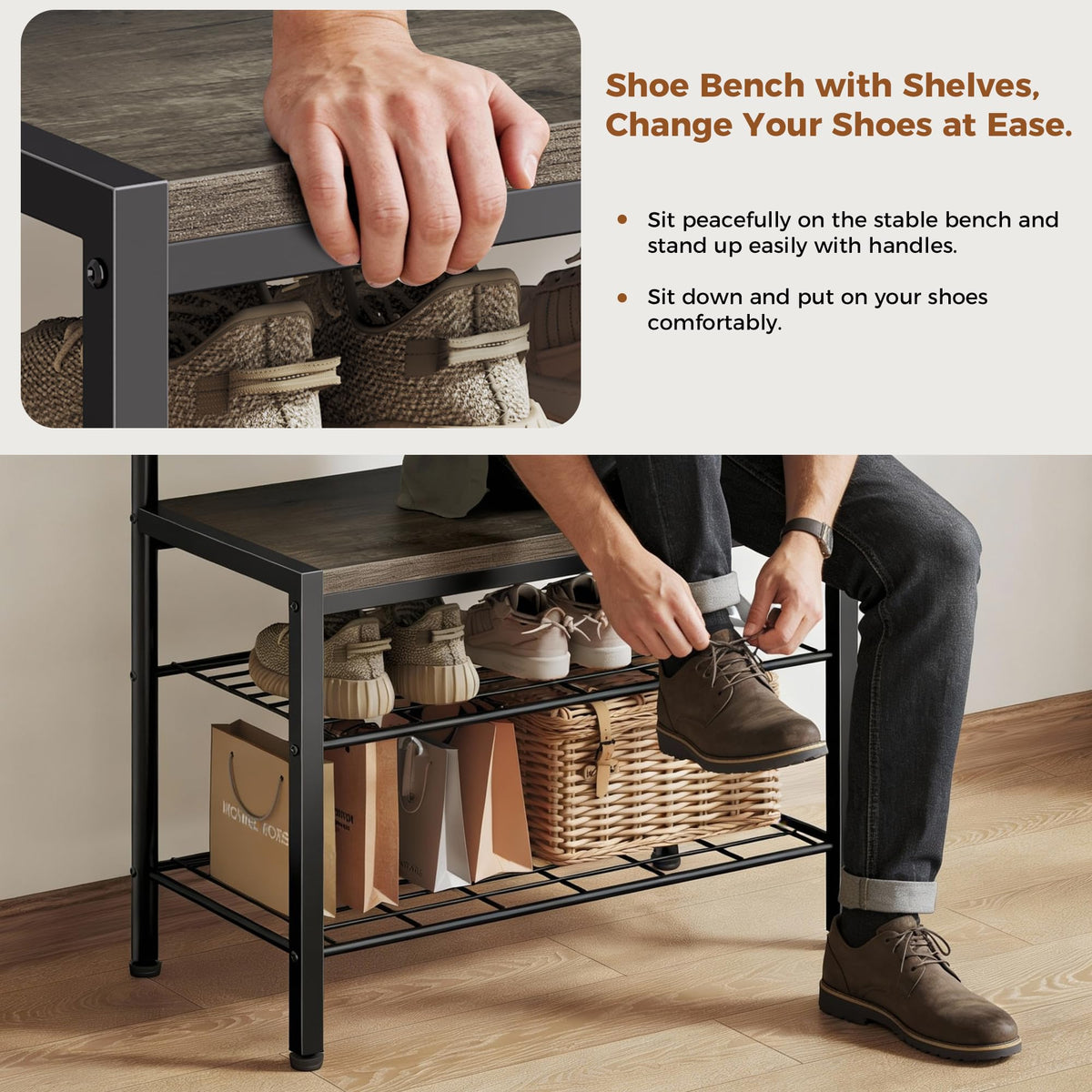 DUMOS 5-in-1 Hall Tree with Coat Rack and Shoe Bench, Industrial Entryway Storage Organizer with