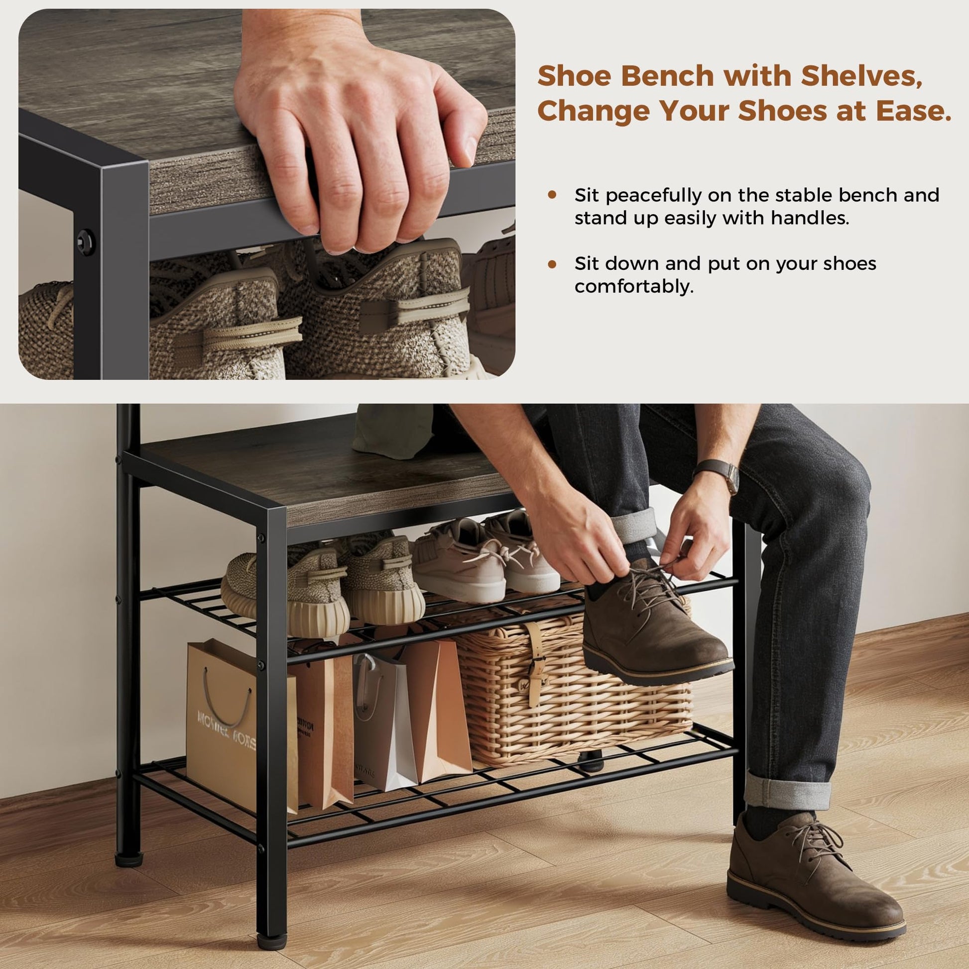 DUMOS 5-in-1 Hall Tree with Coat Rack and Shoe Bench, Industrial Entryway Storage Organizer with
