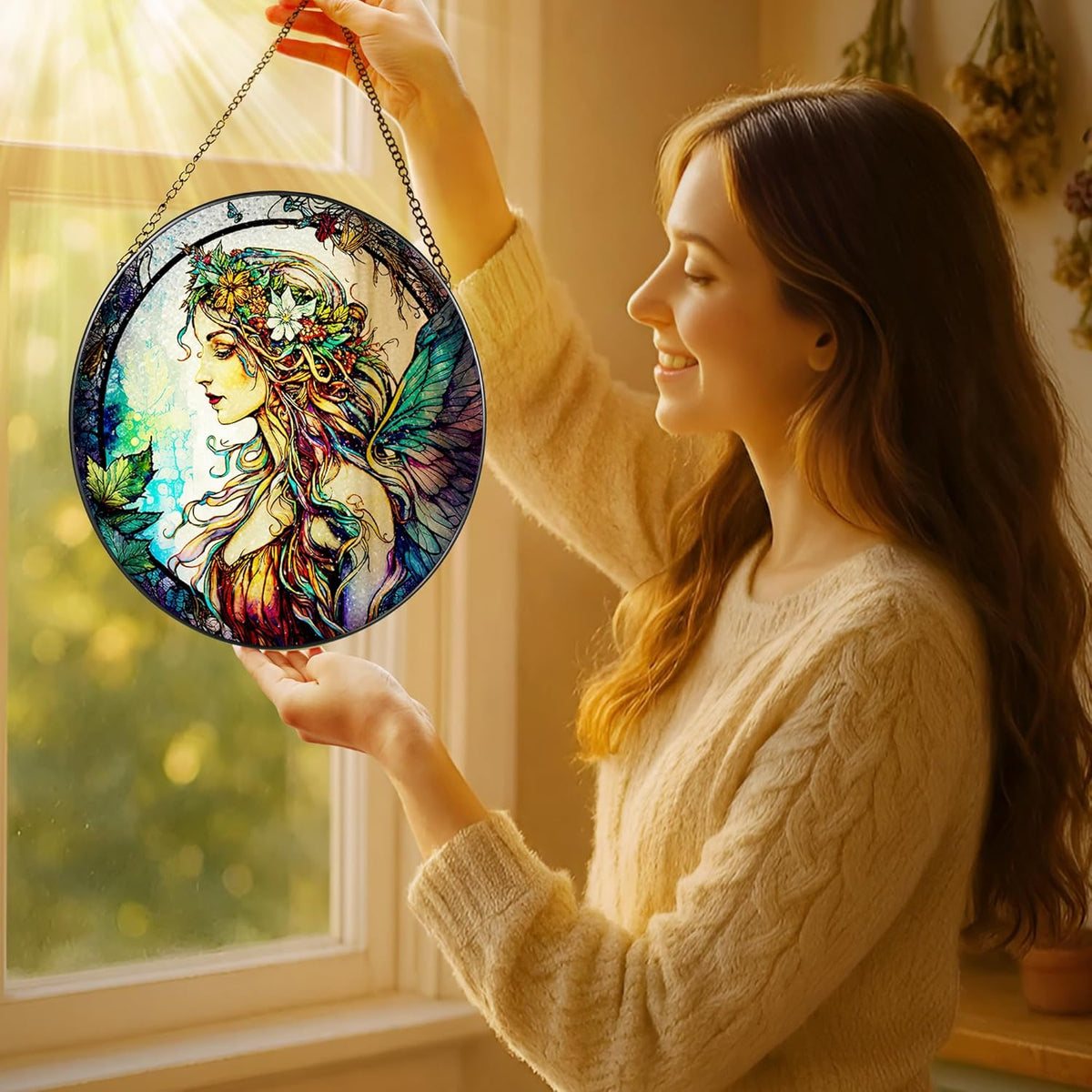Stained Glass Window Hanging, LAOWEIKI 8'' Fairy Suncatcher, Stained Glass Ornament, Suncatchers