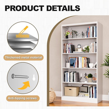 66" Tall Metal Bookcase, 5 Shelf White Bookcase with Adjustable Shelves, Large Bookshelves and