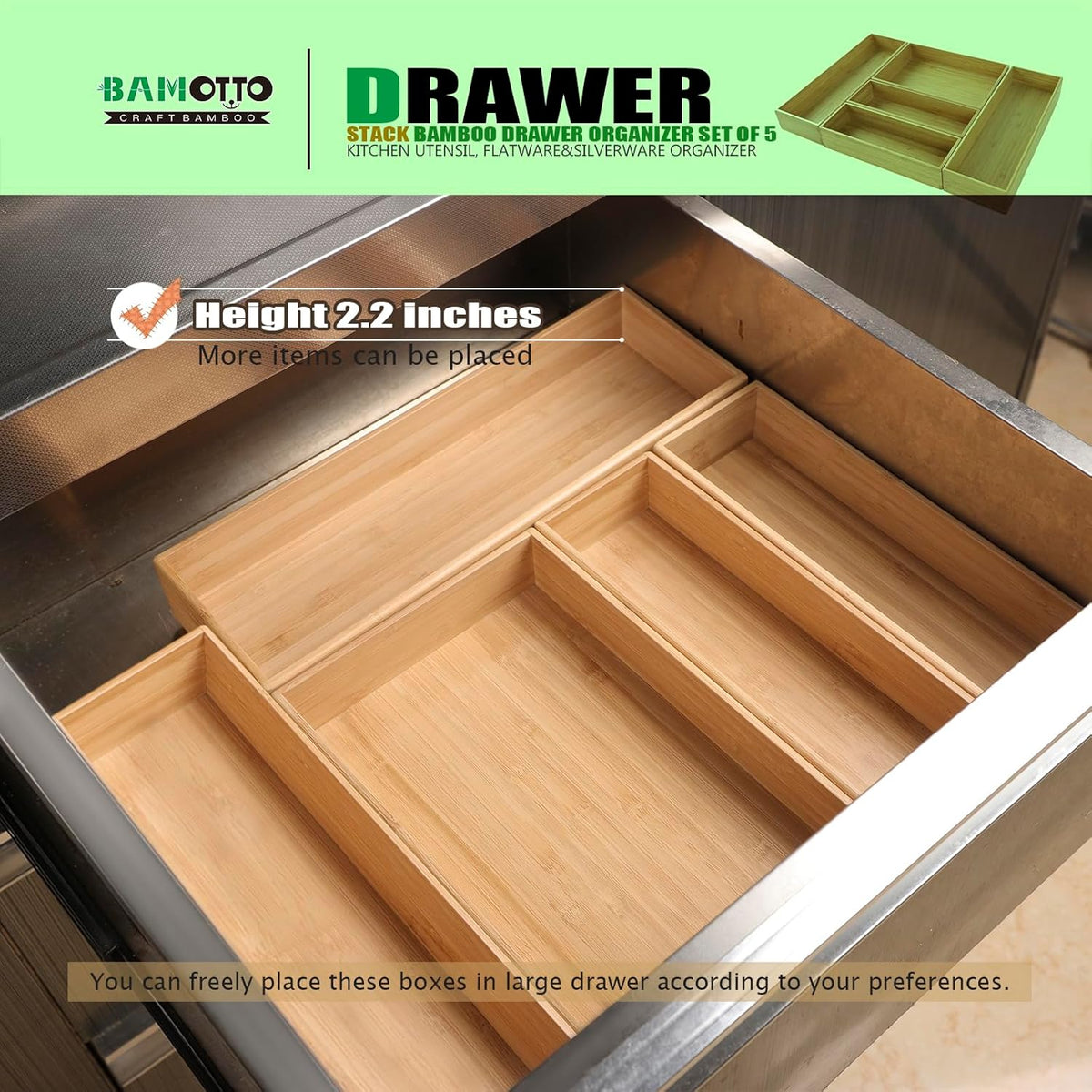 Stack Bamboo Drawer Organizer Set of 5, Kitchen Utensil, Flatware&Silverware Organizer-Wood