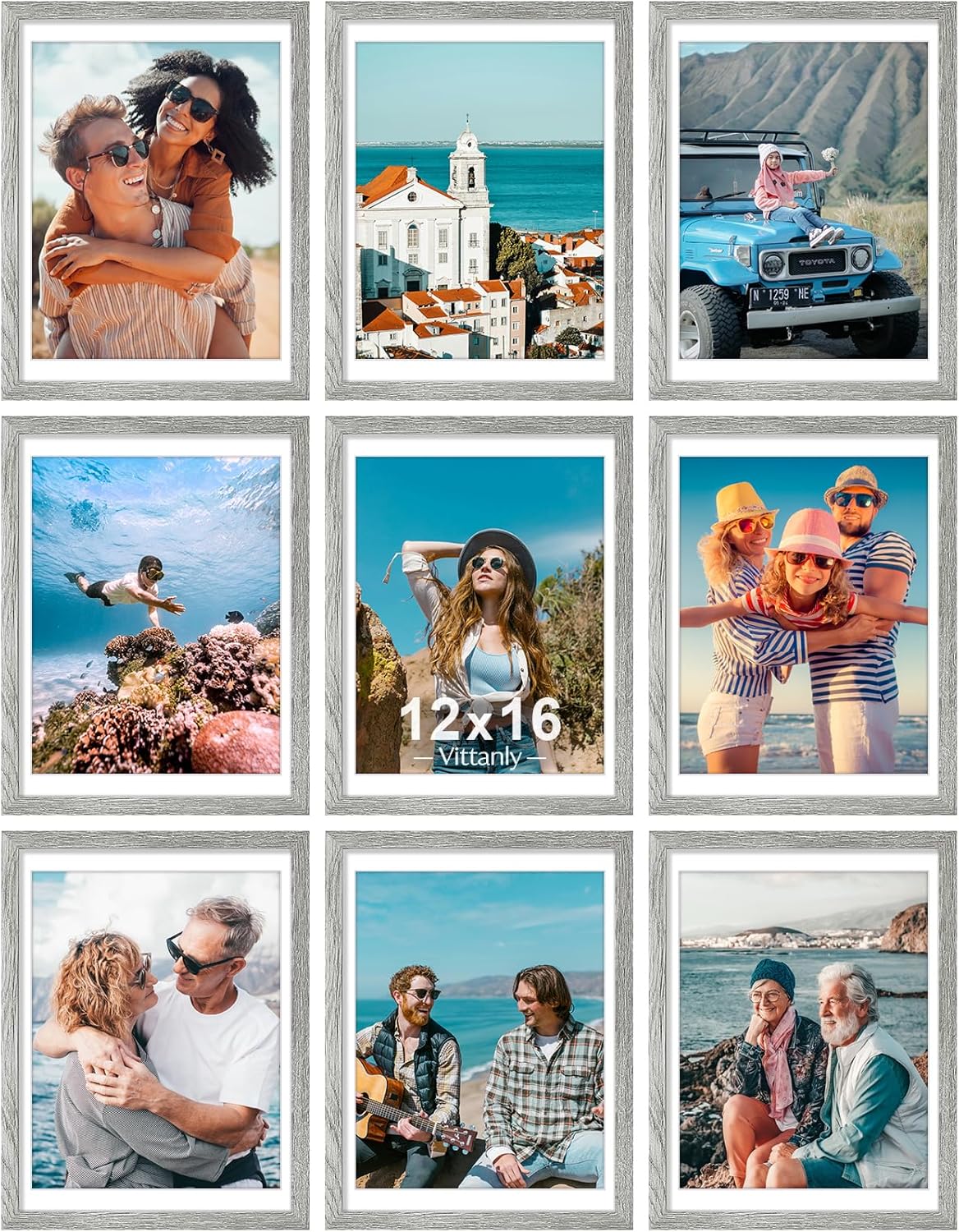Vittanly 12x16 Picture Frames Set of 9, Shatter Resistant Plexiglass, Display 11x14 Pictures with